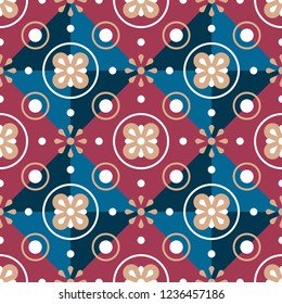 Premium, royal style seamless pattern, decor, ornament. Rich burgundy, blue and gold colors.