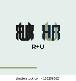 Premium ru,ur,u,r initial letter monogram vintage style with black,brown and blue color on grey background