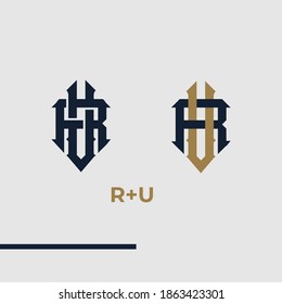 Premium ru,ur,u,r initial letter monogram vintage style with gold and blue color on grey background