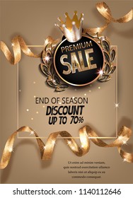 Premium sale banner with curly gold sparkling ribbons and vintage elements. Vector illustration