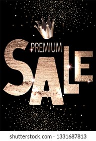 Premium sale banner with gold letters, crown and dust. Vector illustration