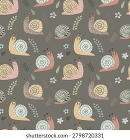 Premium scandi snails seamless pattern on deep sage green. Minimalist boho baby snail vector background with watercolor textures and botanical branches. Dark nursery print for kids wallpaper, textile and fabric.
