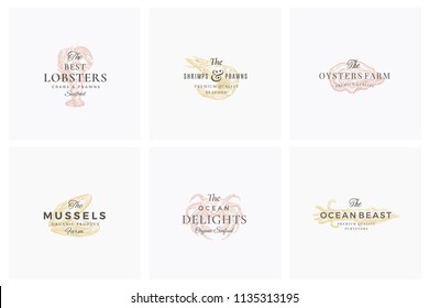 Premium Seafood Abstract Vector Signs, Symbols or Logo Templates Set. Elegant Hand Drawn Shrimp, Mussel, Oyster, Crab and Squid Sketches with Classy Retro Typography. Vintage Luxury Emblems. Isolated.