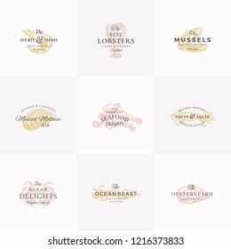 Premium Seafood Abstract Vector Signs, Symbols or Logo Templates Set. Elegant Hand Drawn Octopus, Shrimp, Mussel, Oyster, Crab and Squid Sketches and Retro Typography. Vintage Luxury Emblems. Isolated