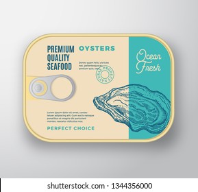 Premium Seafood Aluminium Container with Label Cover. Retro Vector Canned Packaging Design. Modern Typography and Hand Drawn Oyster Silhouette Background Layout. Isolated.