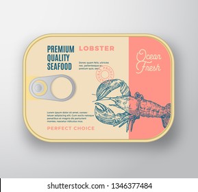 Premium Seafood Aluminium Container with Label Cover. Retro Vector Canned Packaging Design. Modern Typography and Hand Drawn Lobster Silhouette Background Layout. Isolated.