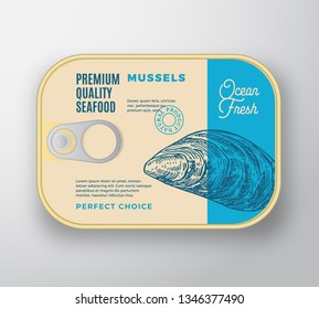Premium Seafood Aluminium Container with Label Cover. Retro Vector Canned Packaging Design. Modern Typography and Hand Drawn Mussel Silhouette Background Layout. Isolated.