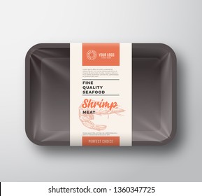 Premium Seafood Pack. Abstract Vector Plastic Tray Container with Cellophane Cover. Packaging Design Label. Modern Typography Hand Drawn Shrimp Silhouette with Colorful Elements Layout. Isolated.