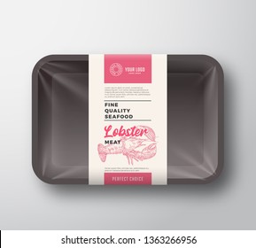 Premium Seafood Pack. Abstract Vector Plastic Tray Container with Cellophane Cover. Packaging Design Label. Modern Typography Hand Drawn Lobster Silhouette with Colorful Elements Layout. Isolated.