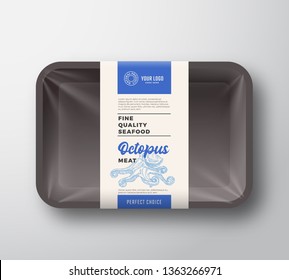Premium Seafood Pack. Abstract Vector Plastic Tray Container with Cellophane Cover. Packaging Design Label. Modern Typography Hand Drawn Octopus Silhouette with Colorful Elements Layout. Isolated.