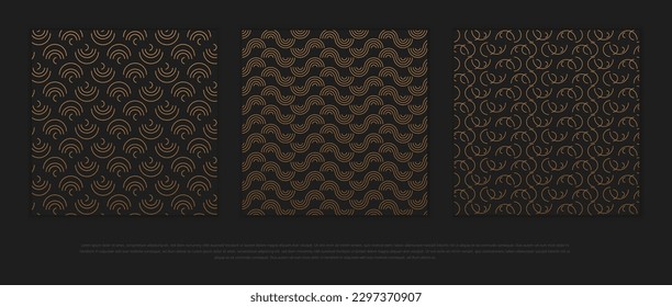 Premium seamless pattern set with golden colors and geometric line, circle, stripe shapes. Modern luxury collection for poster, banner, website, flyer, presentation etc. Vector EPS