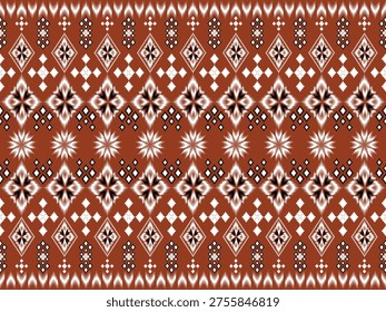 A premium seamless pattern in sophisticated Rust Brown, featuring intricate white and black Ikat-inspired motifs. The design showcases a symmetrical arrangement of floral starbursts and diamond-shaped tribal elements with a unique blurry-edge effect. Perfect for high-end ethnic apparel, luxury home textiles, and traditional-modern fusion interior decor.