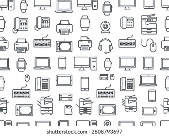 Premium Seamless Technology Outline Pattern with Electronic Devices and Office Equipment Vector Background
