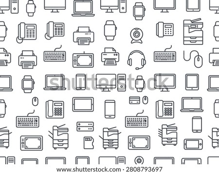 Premium Seamless Technology Outline Pattern with Electronic Devices and Office Equipment Vector Background