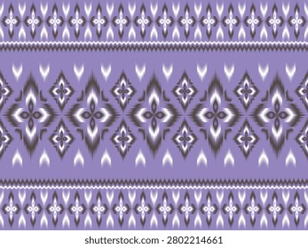 A premium seamless vector border pattern showcasing modern geometric diamond structures, sharp layered fuzzy ikat traditional wave textures, and intricate crisp white and dark charcoal folk starburst floral motifs with delicate hanging ikat droplet details. Designed in a sophisticated soft pastel color palette featuring a lavender purple background, deep charcoal brown accents, and pure white ikat geometry, this contemporary ethnic design is perfect for fabric trims, high-end fashion apparel, cultural resort wear borders, boutique packaging, and opulent interior wallpaper decors.