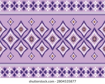 A premium seamless vector border pattern showcasing modern geometric diamond argyle structures, sharp layered fuzzy ikat traditional wave textures, and intricate folk starburst floral blossoms with warm ochre gold centers. Features a matching top and bottom ribbon decorative band with alternating deep plum purple and crisp white symmetrical damask flower motifs. Designed in a sophisticated soft pastel color palette featuring a lavender purple background, gentle gold accents, and rich violet ikat geometry, this contemporary ethnic design is perfect for fabric trims, high-end fashion apparel, cultural resort wear borders, boutique packaging, and opulent interior wallpaper decors.