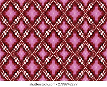 A premium seamless vector pattern showcasing modern geometric diamond argyle structures, sharp pixelated cross-stitch lattices, and intricate fuzzy ikat traditional orchid flowers. Designed in a sophisticated high-contrast color palette of rich maroon deep red background, soft rose pink flower gradients, and crisp white details, this contemporary ethnic allover design is perfect for luxury textiles, elegant feminine fashion apparel, boho-chic home decors, branding packaging, and opulent interior wallpaper.