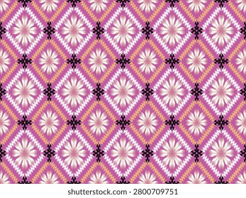A premium seamless vector pattern showcasing modern geometric diamond argyle structures, traditional fuzzy ikat lattices with muted gold gradients, sharp black damask flourish intersections, and intricate floral starbursts. Designed in a sophisticated bright color palette of vibrant fuchsia pink and orchid purple background, soft white flower blossoms, and high-contrast charcoal details, this contemporary ethnic allover design is perfect for elegant textiles, womenswear fashion apparel, resort wear, chic home decors, branding packaging, and luxury interior wallpaper.