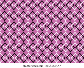 A premium seamless vector pattern showcasing modern geometric diamond argyle structures, sharp pixelated cross-stitch lattices, and traditional fair isle knitting aesthetics. Designed in a charming sweet pastel color palette featuring a soft orchid mauve pink background, high-contrast charcoal black accents, and crisp white details, this contemporary ethnic allover design is perfect for winter fashion apparel, knitwear, cozy home textiles, cute stationery, branding packaging, and elegant interior wallpaper.