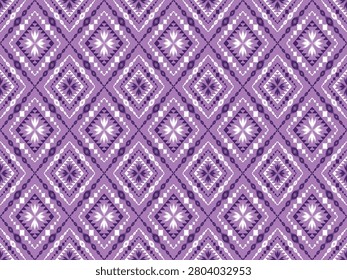 A premium seamless vector pattern showcasing modern geometric diamond argyle structures, intense cross-stitch pixelated triangle lattices, and intricate four-petal floral cross starburst blossoms with alternating glowing white and deep royal plum fuzzy ikat centers. Designed in a sophisticated monochromatic-inspired color palette featuring a soft muted orchid purple background, rich violet accents, and crisp white ikat geometry, this contemporary ethnic allover design is perfect for premium textiles, fashion apparel, resort wear, bold bohemian home decors, luxury branding packaging, and elegant interior wallpaper.