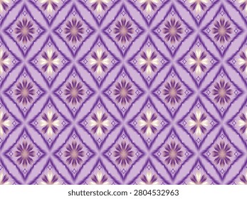 A premium seamless vector pattern showcasing modern geometric diamond argyle structures created from elegant deep plum purple traditional fuzzy ikat zigzag lattices. Features intricate floral starburst blossoms with alternating glowing creamy champagne gold and rich violet centers surrounded by delicate symmetrical geometric details. Designed in a sophisticated high-contrast soft pastel color palette featuring a lavender purple background, gentle beige accents, and deep purple ikat geometry, this contemporary ethnic allover design is perfect for premium textiles, fashion apparel, resort wear, chic bohemian home decors, luxury branding packaging, and elegant interior wallpaper.