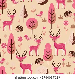 Premium seamless woodland pattern featuring cute deer and hedgehogs in soft pink tones. Ideal for luxury nursery decor, baby textiles, and wallpaper.