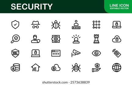 Premium Security Icons. Clean and Editable Vectors for Surveillance, Protection, Alarm Systems, and Cybersecurity Projects.