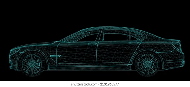 Premium-Sedan-Modell Vektor-Illustration in Form eines weißen Dreiecksgitters aus Polygon auf blauem Hintergrund.