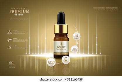 Premium serum ads, droplet bottle with ingredients on the pearl white ball. 3D illustration.