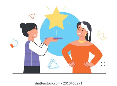 Premium service concept. Waiter carrying golden shining star on tray. Rich woman is satisfied with the quality of service. Cartoon doodle flat vector illustration isolated on a white background