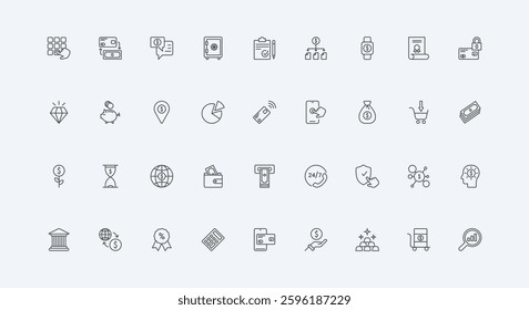 Premium service, credit card and capital protection and support thin black outline symbols vector illustration. Bank investment, finance and deposit, ATM withdrawing, wallet line icon set