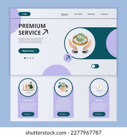 Premium service flat landing page website template. Help desk, customer relationship, advice. Web banner with header, content and footer. Vector illustration.