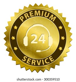 Premium Service and support around the clock 24 hours a day & 7 days a week gold label icon with headset symbol isolated on white background. Vector illustration