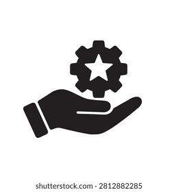 Premium service vector icon in flat style featuring a hand holding a quality badge with a star representing excellence, trusted support and customer satisfaction