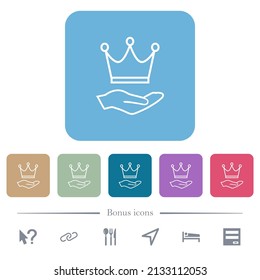 Die Premium-Leistungen umreißen weiße Flachsymbole auf buntem, quadratischem Hintergrund. 6 Bonussymbole enthalten