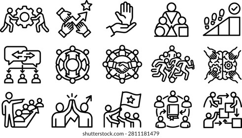 A premium set of 15 minimalist vector line icons focused on business leadership, team development, and corporate collaboration. This modern graphic asset features clean outline symbols including people turning a gear, hands launching an upward arrow star, helping hands, structural hierarchy figures, career progression steps, a communication flow chart, global network communities, a central handshake agreement, a running relay race team, hands brainstorming over a brain with gears, a leader guiding a team, high-five success celebrations, raising a victory flag, knowledge sharing around a book, and step-by-step workflow delegation. Perfect for project management tools, corporate HR websites, mobile UI,UX design, and professional business presentations.
#TeamworkIcons #Leadership #BusinessStrategy #Collaboration #VectorIcons #LineArt #CorporateCulture #ProjectManagement #UIUXDesign #GraphicAssets