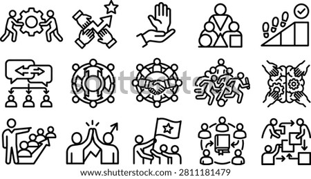 A premium set of 15 minimalist vector line icons focused on business leadership, team development, and corporate collaboration. This modern graphic asset features clean outline symbols including people turning a gear, hands launching an upward arrow star, helping hands, structural hierarchy figures, career progression steps, a communication flow chart, global network communities, a central handshake agreement, a running relay race team, hands brainstorming over a brain with gears, a leader guiding a team, high-five success celebrations, raising a victory flag, knowledge sharing around a book, and step-by-step workflow delegation. Perfect for project management tools, corporate HR websites, mobile UI,UX design, and professional business presentations.
#TeamworkIcons #Leadership #BusinessStrategy #Collaboration #VectorIcons #LineArt #CorporateCulture #ProjectManagement #UIUXDesign #GraphicAssets