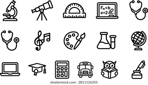 A premium set of 16 minimalist vector line icons representing subjects across education, science, and academic learning. This versatile graphic set includes cleanly outlined symbols for a laboratory microscope, an astronomical telescope, a math protractor ruler, a school blackboard with equations, medical stethoscopes, musical notes with a treble clef, an art palette with a paintbrush, chemistry flasks, a geography globe, a laptop, a graduation cap, a calculator, a school bus, a wise owl reading a book, and an inkwell with a fountain pen. Ideal for e-learning platforms, school websites, user interfaces, mobile apps, and educational promotional materials.
#EducationIcons #ScienceIcons #BackToSchool #VectorArt #LineIcons #ELearning #AcademicSymbols #GraphicAssets #SchoolSupplies #UIUXDesign