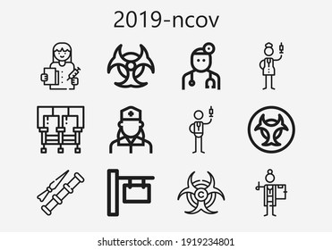 Premium set of 2019-ncov [S] icons. Simple 2019-ncov icon pack. Stroke vector illustration on a white background. Modern outline style icons collection of Spike, Biohazard, Sign, Doctor, Nurse