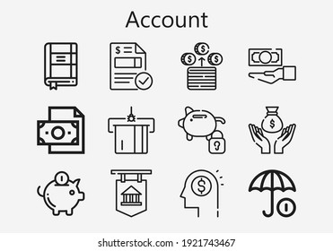 Premium set of account [S] icons. Simple account icon pack. Stroke vector illustration on a white background. Modern outline style icons collection of Money, Invoice, Bank, Contact list, Piggy bank