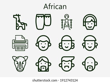 Premium set of african [S] icons. Simple african icon pack. Stroke vector illustration on a white background. Modern outline style icons collection of Slavery, Rhino, Print, Conga, Avatar