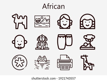 Premium set of african [S] icons. Simple african icon pack. Stroke vector illustration on a white background. Modern outline style icons collection of Print, Savannah, Sphinx, Conga, Diaspora