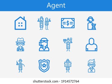Premium set of agent line icons. Simple agent icon pack. Stroke vector illustration on a white background. Modern outline style icons collection of Operator, Mafia, Salesman, Police badge, Call center