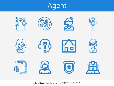 Premium set of agent line icons. Simple agent icon pack. Stroke vector illustration on a white background. Modern outline style icons collection of Police badge, Call center
