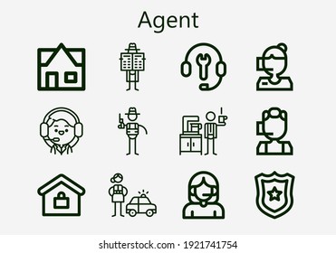 Premium Set Of Agent [S] Icons. Simple Agent Icon Pack. Stroke Vector Illustration On A White Background. Modern Outline Style Icons Collection Of Police Badge, Operator, Call Center, Customer Support