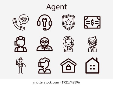 Premium set of agent [S] icons. Simple agent icon pack. Stroke vector illustration on a white background. Modern outline style icons collection of Police badge, Call center, Bodyguard, Bonds