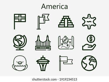 Premium set of america [S] icons. Simple america icon pack. Stroke vector illustration on a white background. Modern outline style icons collection of Earth, Dollar, Golden gate, Sheriff, Chichen Itza