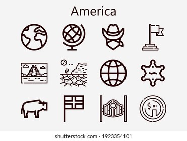 Juego premium de iconos estadounidenses [S]. Paquete de iconos simple de américa. Ilustración vectorial de trazo sobre un fondo blanco. Colección de íconos de estilo de contorno moderno de la Tierra, el Dólar, el Globe, el Sheriff, la pirámide maya