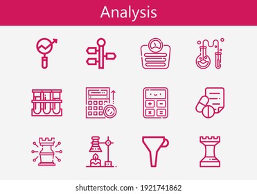 Conjunto de iconos de línea de análisis premium. Paquete de iconos de análisis simple. Ilustración vectorial de trazo sobre un fondo blanco. Moderna colección de iconos de estilo de contorno de muestra de sangre, embudo, química, química