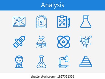 Premium set of analysis line icons. Simple analysis icon pack. Stroke vector illustration on a white background. Modern outline style icons collection of Microscope, Pyramid